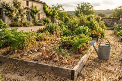 Carré de potager paillé avec des oignons, de l'ail et des carottes, et un arrosoir en zinc posé à côté