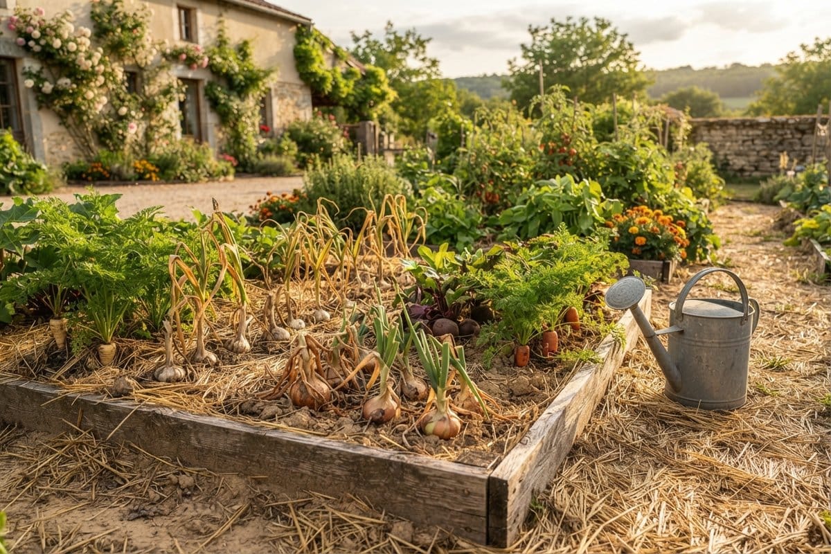 Carré de potager paillé avec des oignons, de l'ail et des carottes, et un arrosoir en zinc posé à côté