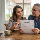 Un couple assis à une table en bois relit un devis imprimé, stylo en main, devant une fenêtre donnant sur une maison