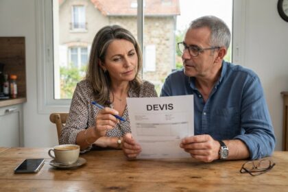 Un couple assis à une table en bois relit un devis imprimé, stylo en main, devant une fenêtre donnant sur une maison