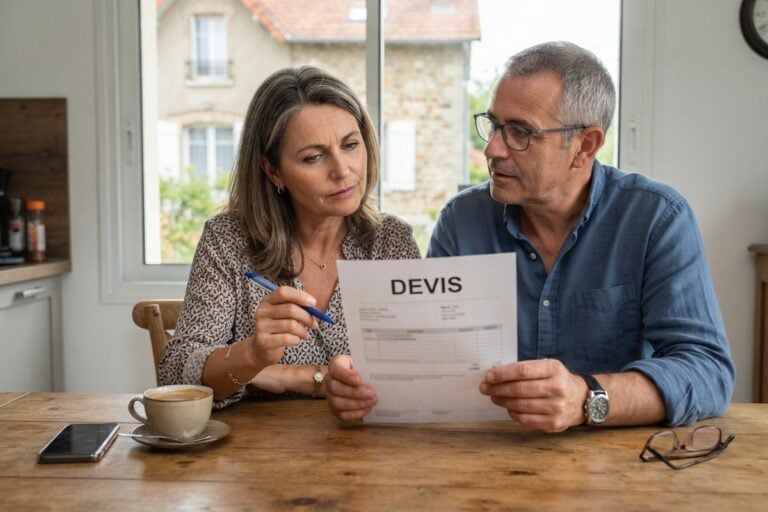 Un couple assis à une table en bois relit un devis imprimé, stylo en main, devant une fenêtre donnant sur une maison
