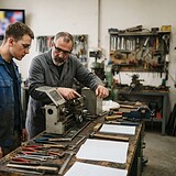 Un jeune en bleu de travail et lunettes de protection observe un tuteur régler un petit tour d'atelier