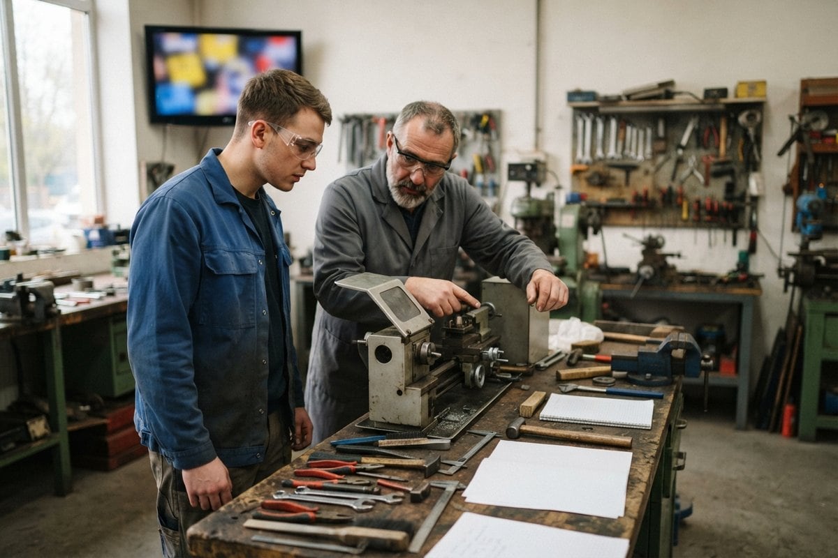 Un jeune en bleu de travail et lunettes de protection observe un tuteur régler un petit tour d'atelier