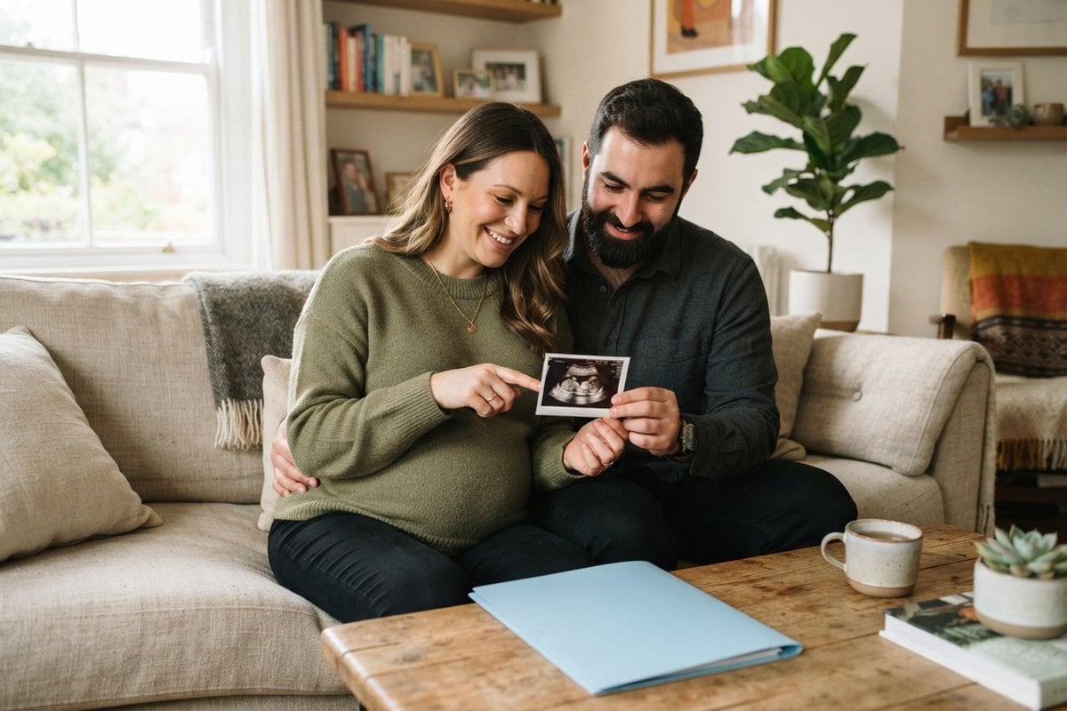 Couple enceinte assis sur un canapé regardant ensemble un cliché d'échographie, une pochette bleue sur la table basse