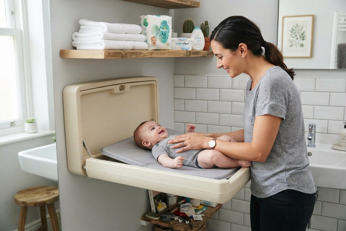 Mère changeant son bébé sur une table à langer murale dépliée dans une salle de bains, une main posée sur l'enfant
