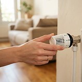 Main tournant la molette blanche d'une tête thermostatique fixée sur un radiateur, canapé et salon en arrière-plan