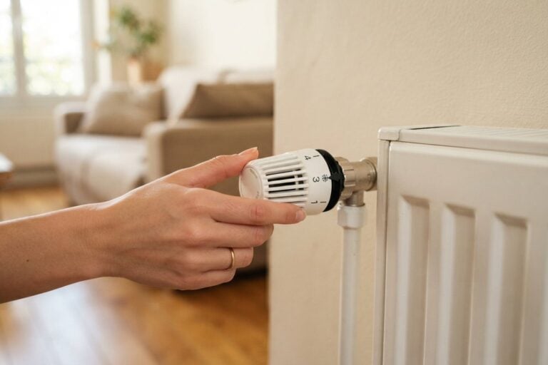 Main tournant la molette blanche d'une tête thermostatique fixée sur un radiateur, canapé et salon en arrière-plan