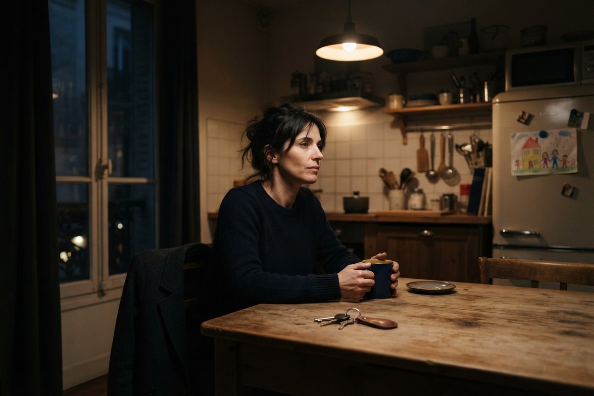 Une femme attablée seule dans une cuisine avant l'aube, une tasse entre les mains, son manteau sur le dossier de la chaise