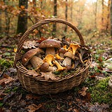 Panier en osier de cèpes et girolles sur la mousse, près d'une amanite grignotée par une limace, d'une cuillère et d'ail