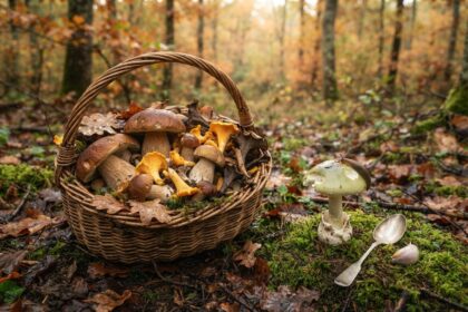 Panier en osier de cèpes et girolles sur la mousse, près d'une amanite grignotée par une limace, d'une cuillère et d'ail