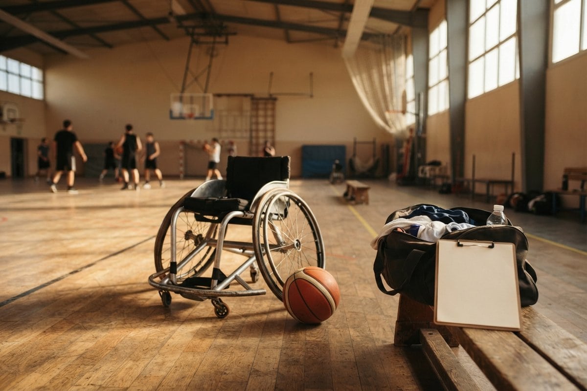 Fauteuil roulant de sport et ballon de basket au sol dans un gymnase, sac et porte-bloc posés sur un banc