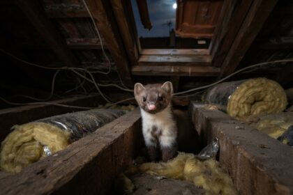 Fouine à bavette blanche entre deux solives d'un grenier, au milieu de la laine de verre, sous une ouverture du toit