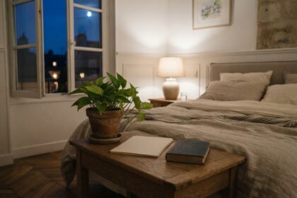 Pothos en pot de terre cuite posé sur une table en bois, au pied d'un lit, dans une chambre éclairée par une lampe
