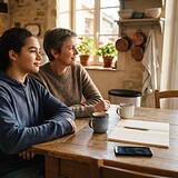 Une adolescente et une femme assises côte à côte à la table d'une cuisine, deux tasses et un carnet ouvert devant elles