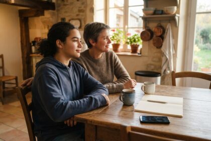 Une adolescente et une femme assises côte à côte à la table d'une cuisine, deux tasses et un carnet ouvert devant elles