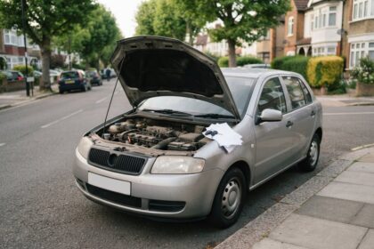 Voiture compacte grise garée dans une rue résidentielle, capot ouvert, clés et papiers posés sur l'aile