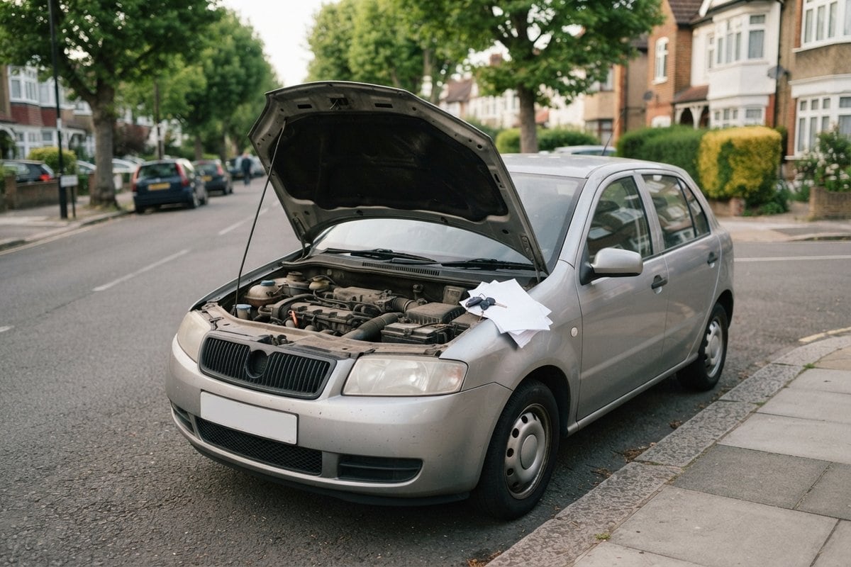 Voiture compacte grise garée dans une rue résidentielle, capot ouvert, clés et papiers posés sur l'aile