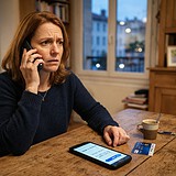 Femme inquiète au téléphone dans sa cuisine, un smartphone affichant un bouton Valider et une carte bancaire sur la table
