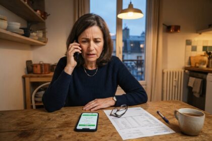 Femme au téléphone dans sa cuisine, l'air inquiet, devant un smartphone affichant une appli bancaire et un relevé
