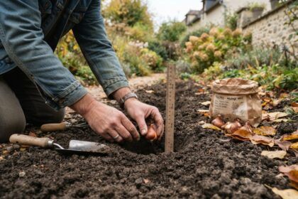 Mains d'un jardinier déposant un bulbe de tulipe en terre, près d'une règle et d'un sac de bulbes