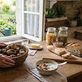 Mains posant un panier de pommes de terre terreuses près d'un bol de céréales, de pain et de bocaux de pâtes et de lentilles