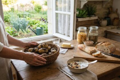 Mains posant un panier de pommes de terre terreuses près d'un bol de céréales, de pain et de bocaux de pâtes et de lentilles