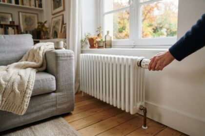 Main tournant la tête thermostatique d'un radiateur blanc près d'une fenêtre, à côté d'un canapé gris et d'un plaid