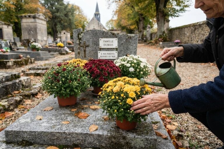 Femme âgée arrosant des chrysanthèmes jaunes, bordeaux et blancs posés sur une tombe en granit, à l'automne