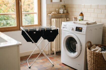 Quatre culottes menstruelles noires sèchent sur un étendoir près d'un lave-linge, dans une salle de bains