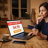 Femme hésitante dans sa cuisine, carte bancaire en main, devant un ordinateur affichant un compte à rebours de réservation