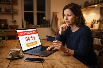 Femme hésitante dans sa cuisine, carte bancaire en main, devant un ordinateur affichant un compte à rebours de réservation