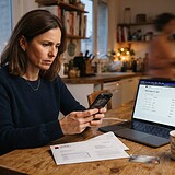 Femme attablée dans sa cuisine, inquiète devant son smartphone, ordinateur ouvert sur un compte bancaire et courrier posé