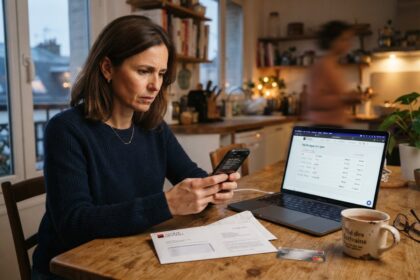 Femme attablée dans sa cuisine, inquiète devant son smartphone, ordinateur ouvert sur un compte bancaire et courrier posé