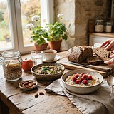 Table de cuisine avec porridge aux framboises, lentilles, pain complet tranché, amandes et bocal de haricots blancs