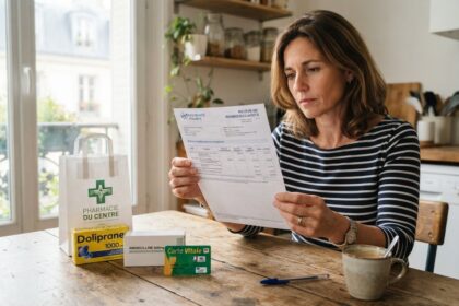 Femme lisant un relevé de remboursements à table, près de boîtes de médicaments, d'un sac de pharmacie et d'une carte Vitale