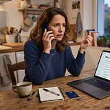 Femme inquiète au téléphone à la table de sa cuisine, devant un ordinateur affichant la page Mes comptes