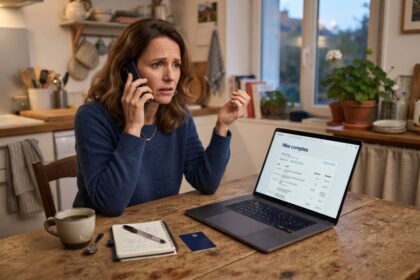 Femme inquiète au téléphone à la table de sa cuisine, devant un ordinateur affichant la page Mes comptes