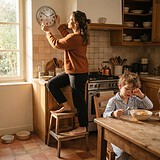 Une femme sur un tabouret règle l'horloge murale d'une cuisine, un enfant en pyjama bâille devant son bol, un chat attend.