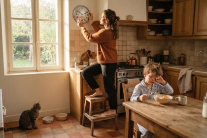 Une femme sur un tabouret règle l'horloge murale d'une cuisine, un enfant en pyjama bâille devant son bol, un chat attend.