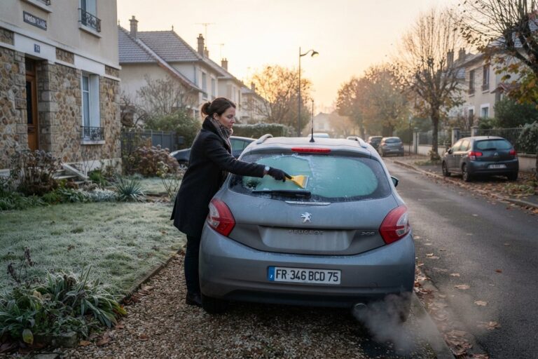 Femme grattant le givre de la lunette arrière d'une Peugeot grise, fumée d'échappement, rue au petit matin