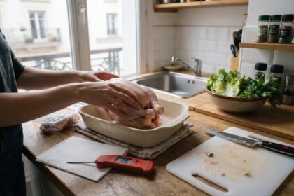 Mains déposant un poulet cru dans un plat, à côté d'un thermomètre de cuisson, d'une planche à découper et d'un évier sec