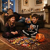Deux enfants déguisés en sorcière et en squelette trient des bonbons sur un tapis, une adulte rit sur le canapé