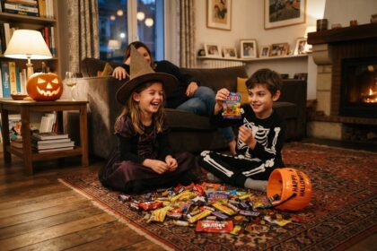 Deux enfants déguisés en sorcière et en squelette trient des bonbons sur un tapis, une adulte rit sur le canapé