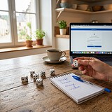 Dés à jouer et carnet où sont écrits quatre mots, sur une table de cuisine devant un ordinateur portable ouvert