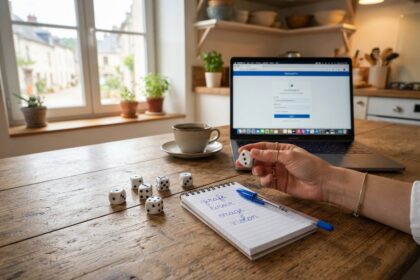 Dés à jouer et carnet où sont écrits quatre mots, sur une table de cuisine devant un ordinateur portable ouvert