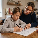 Un garçon écrit au stylo plume dans un cahier pendant que sa mère, souriante, lui montre un mot sur la page