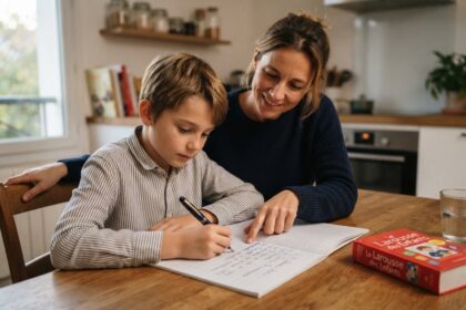 Un garçon écrit au stylo plume dans un cahier pendant que sa mère, souriante, lui montre un mot sur la page
