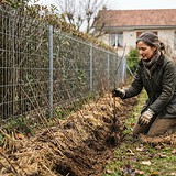 Femme agenouillée plantant de jeunes arbustes à racines nues dans une tranchée paillée le long d'un grillage