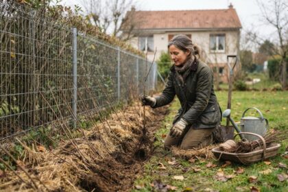 Femme agenouillée plantant de jeunes arbustes à racines nues dans une tranchée paillée le long d'un grillage