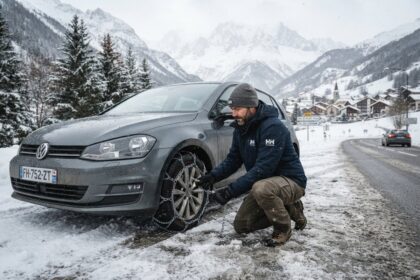 Homme accroupi posant une chaîne à neige sur la roue avant d'une voiture grise, au bord d'une route de montagne enneigée